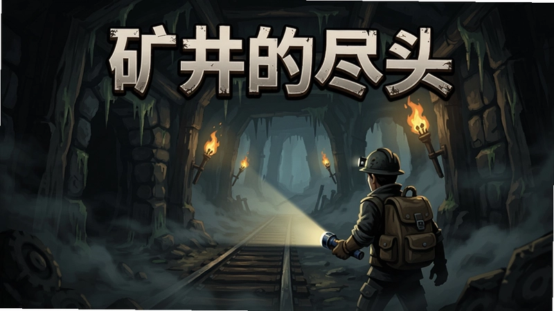 生成游戏主视觉图,包含“矿井的尽头”标题文字,阴森矿井场景,主角手持手电筒,四周弥漫雾气