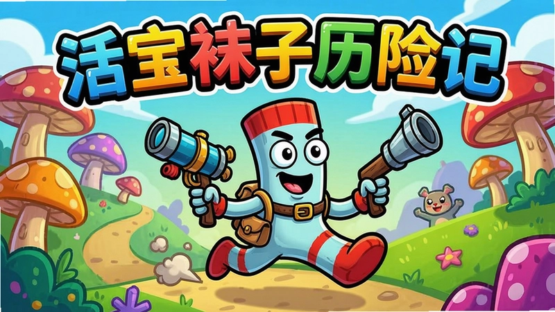 “活宝袜子历险记”游戏主视觉图,卡通画风,主角袜子手持武器奔跑,场景色彩斑斓,包含游戏标题文字