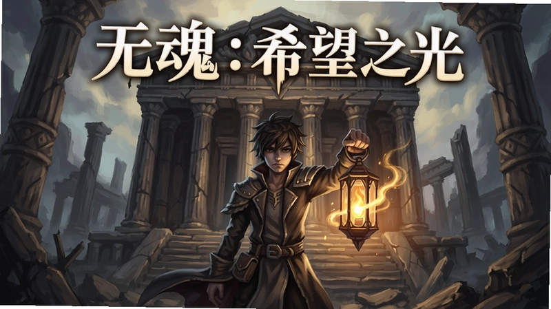 一幅展现“无魂:希望之光”游戏主视觉的插画,中央是主角手持魂灯站在废墟神殿前,标题“无魂:希望之光”醒目