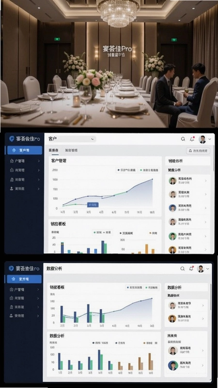 宴荟佳Pro婚礼堂管理平台主界面,展示客户管理、销控看板与数据分析仪表盘