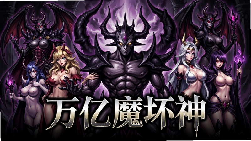 万亿魔坏神电脑版游戏主视觉,包含魔坏神与多位魔王妃角色,暗黑华丽风格,标题文字“万亿魔坏神”