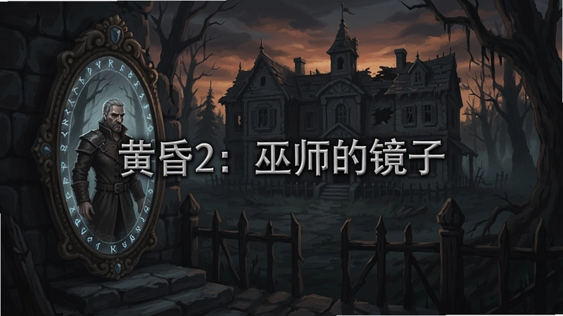 生成一张黄昏2:巫师的镜子游戏场景图,画面包含神秘魔镜、破旧庄园和幽暗森林,画面中央标注“黄昏2:巫师的镜子”