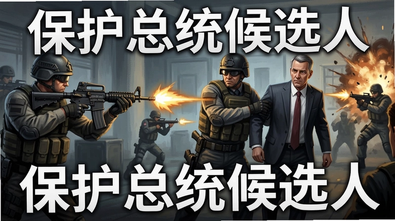 保护总统候选人游戏精彩战斗瞬间,特工持枪掩护候选人撤退,画面标注“保护总统候选人”
