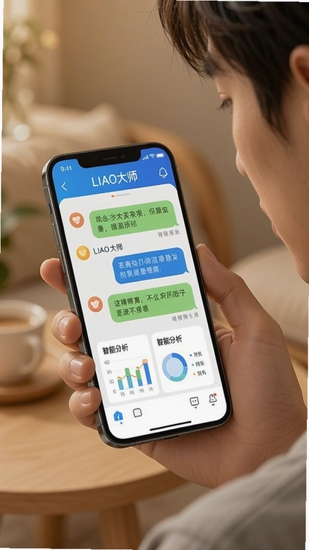 一位年轻人使用LIAO大师手机应用界面,显示高情商聊天对话,界面清新,包含“LIAO大师”字样和智能分析图表,展现科技感与情感智慧交融的场景