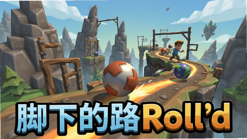 脚下的路Roll'd游戏主视觉图,充满障碍的险峻道路,滚动的球体,三维冒险场景,标题“脚下的路Roll'd”