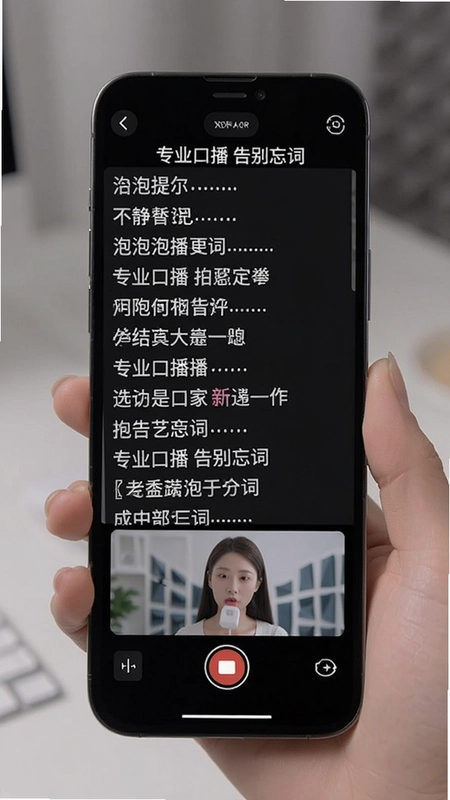泡泡提词器手机端提词界面,显示滚动文本与视频录制同屏,标注“专业口播 告别忘词”