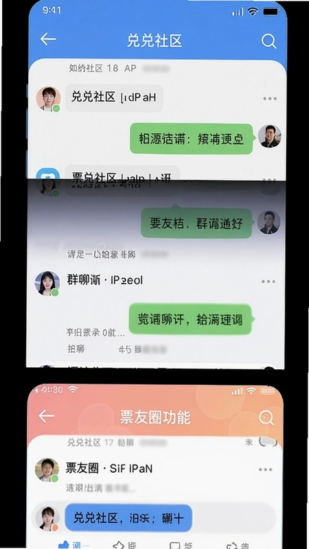 兑兑社区APP主界面与聊天、群聊、票友圈功能展示截图