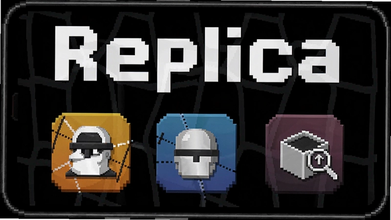 像素风格的手机屏幕截图,显示“Replica”游戏主菜单,包含多个应用图标,模拟间谍软件界面