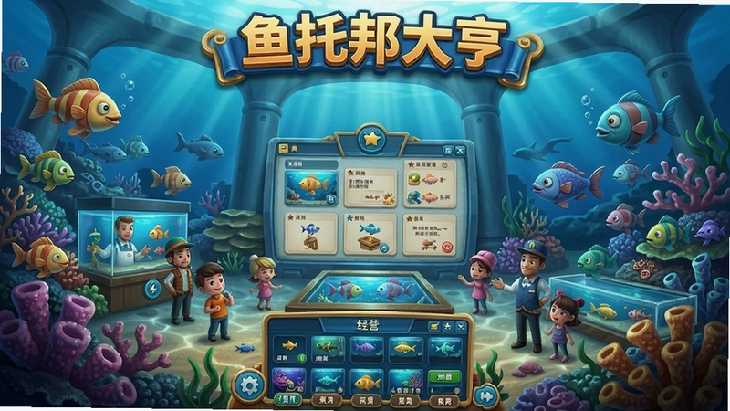生成鱼托邦大亨水族馆全景图,包含“鱼托邦大亨”标题与经营界面