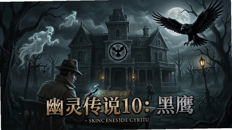 游戏《幽灵传说10:黑鹰》主视觉场景,侦探调查古老庄园,幽灵与黑鹰符号,解谜冒险氛围