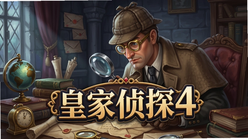 一位戴着放大镜的侦探正在古堡书房中仔细搜查线索,桌上散落着信件和古董,画面中央清晰标有“皇家侦探4”的游戏标题,画风华丽细腻