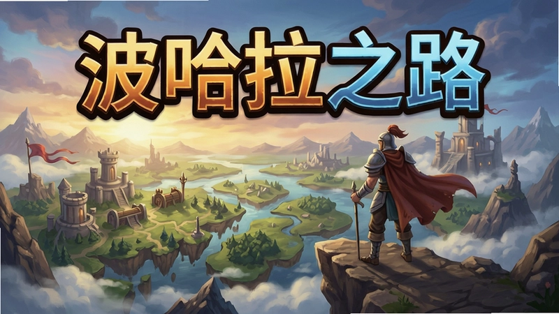 “波哈拉之路”游戏主视觉图,角色站在山巅俯瞰幻想大陆,标题文字醒目