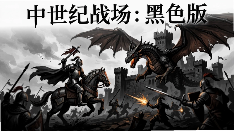 中世纪战场:黑色版 暗黑中世纪战场主视觉, “中世纪战场:黑色版”游戏封面, 骑士与恶龙在黑色城堡前激战
