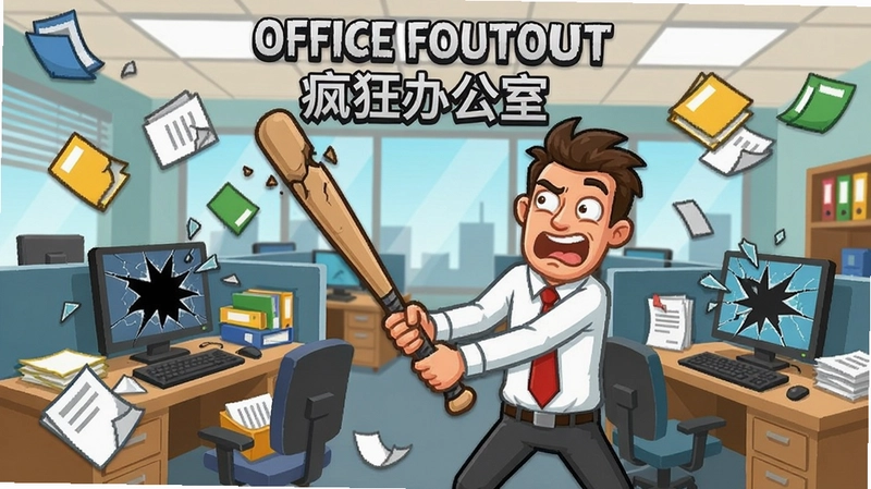 “Office Freakout疯狂办公室”游戏截图,主角手持棒球棍在办公室内大肆破坏,文件纷飞,显示器碎裂,充满搞笑氛围