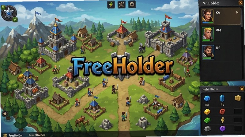 FreeHolder游戏主界面全景图,展示领地建设、英雄队列与资源面板,画面中央有“FreeHolder”艺术字标题