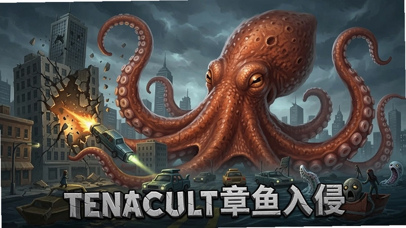 “Tentacult章鱼入侵”游戏宣传图,巨型章鱼破坏城市