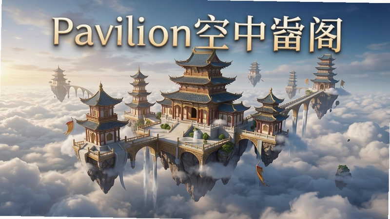 Pavilion空中楼阁主界面展示,漂浮云海中的华丽空中楼阁群落,画面标注文字“Pavilion空中楼阁”