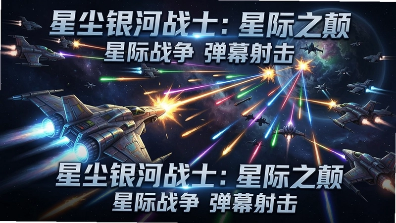 星尘银河战士:星际之颠游戏主视觉图,星际战机与外星舰队激烈交火,色彩斑斓的激光弹幕,文字“星尘银河战士:星际之颠 星际战争 弹幕射击”