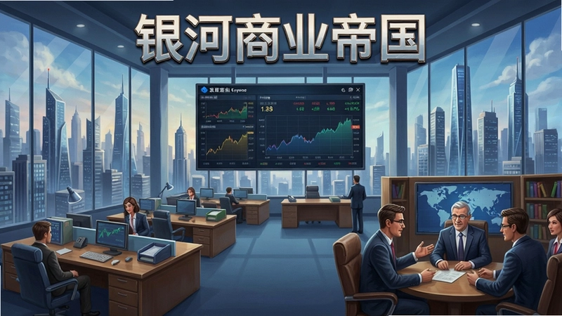 银河商业帝国游戏主界面,包含高楼林立的城市、繁忙的办公室、股票行情屏幕和商业谈判场景,展现商业帝国的宏伟蓝图与经营细节,用“银河商业帝国”
