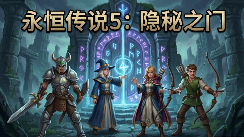 永恒传说5:隐秘之门冒险小队在神秘门前集结,画面包含战士法师弓箭手,文字“永恒传说5:隐秘之门”