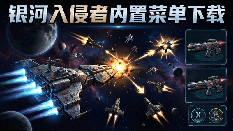 银河入侵者游戏主视觉,星际战舰太空激战,角色界面与武器特效,标题“银河入侵者内置菜单下载”
