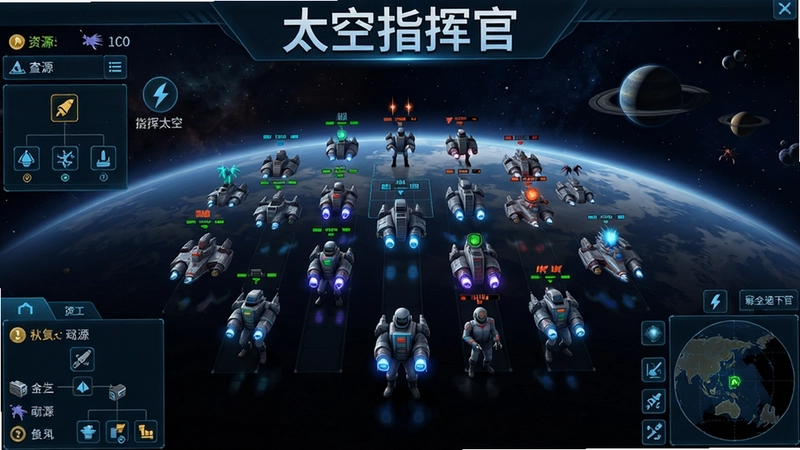太空指挥官游戏主界面截图,浩瀚宇宙背景下,玩家指挥庞大的舰队布阵迎敌,界面显示资源、科技树和小地图,文字标注“太空指挥官”
