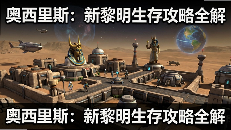 奥西里斯:新黎明游戏内基地建造与星际探索场景,图中标注文字“奥西里斯:新黎明生存攻略全解”