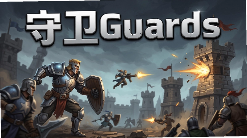 游戏宣传海报,包含“守卫Guards”文字,展示英雄与防御塔战斗场景