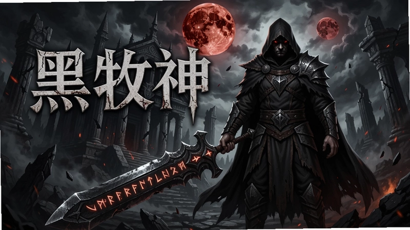 黑牧神游戏封面海报,暗黑奇幻风格,主角身披斗篷手持符文巨剑,背景为破碎神殿与血月,标题文字“黑牧神”醒目