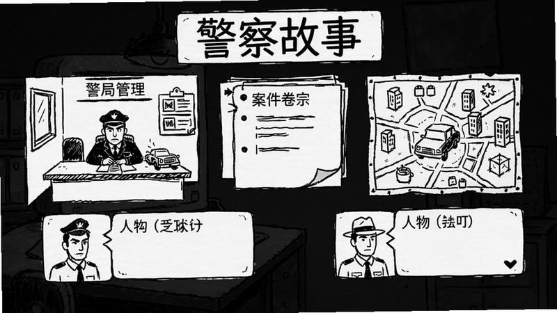 这是警察(警察故事)电脑版游戏主界面,包含警局管理、案件卷宗、城市地图、人物对话等核心玩法元素,画面为黑白手绘风格