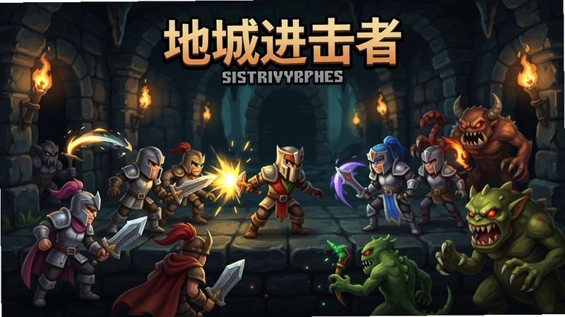 “地城进击者”游戏主视觉,地下城场景,角色战斗,多种职业与怪物展示,概括游戏核心玩法