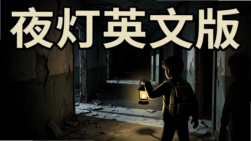 夜灯英文版游戏场景,黑暗中角色手持夜灯探索废弃走廊,光影对比强烈,文字标注“夜灯英文版”