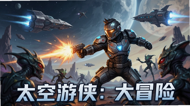 一位身穿未来战甲的太空游侠在异星表面激战外星生物,背景有星际飞船和炫目光效,文字注明“太空游侠:大冒险”游戏主视觉