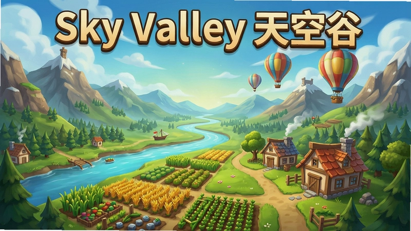 Sky Valley天空谷游戏主界面截图,包含山谷全景、农田、房屋和热气球,“Sky Valley天空谷”字样清晰可见,概括游戏建造、经营与探索核心玩法