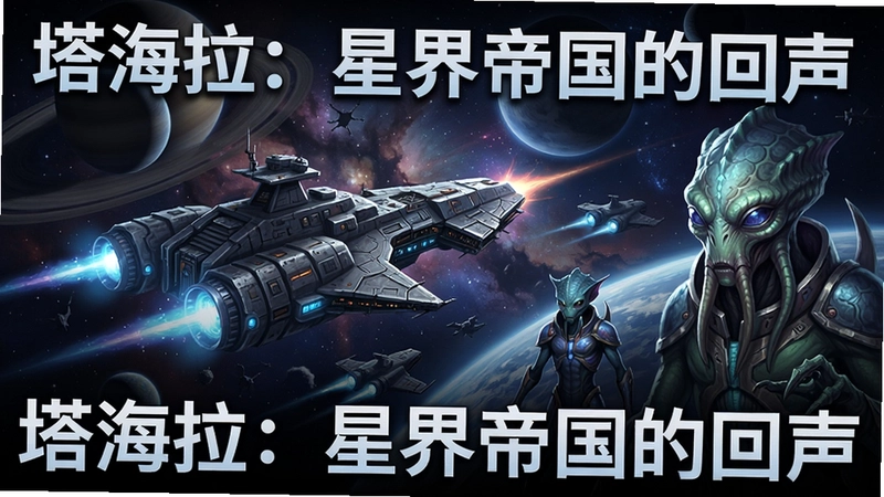 生成塔海拉:星界帝国的回声游戏主视觉图,星际战舰与神秘外星种族,太空史诗风格,高清游戏壁纸,文字标注“塔海拉:星界帝国的回声”