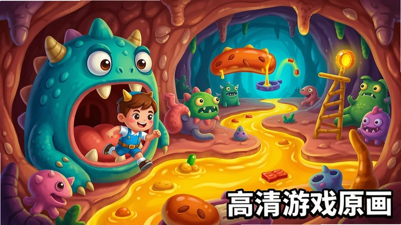 跑进怪兽肚子里游戏场景,怪兽体内卡通冒险世界,胃酸河流,食物障碍,可爱角色,色彩鲜艳,注明“跑进怪兽肚子里高清游戏原画”
