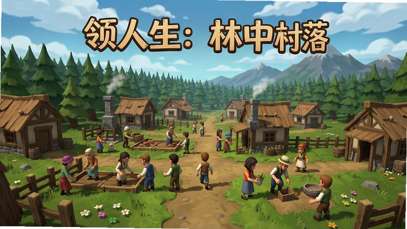 展示《领地人生:林中村落》游戏进入主界面后的全景画面,众多村民在村庄中忙碌工作,远处有森林和山脉,天空飘着云朵,带有游戏标题文字“领地人生:林中村落”