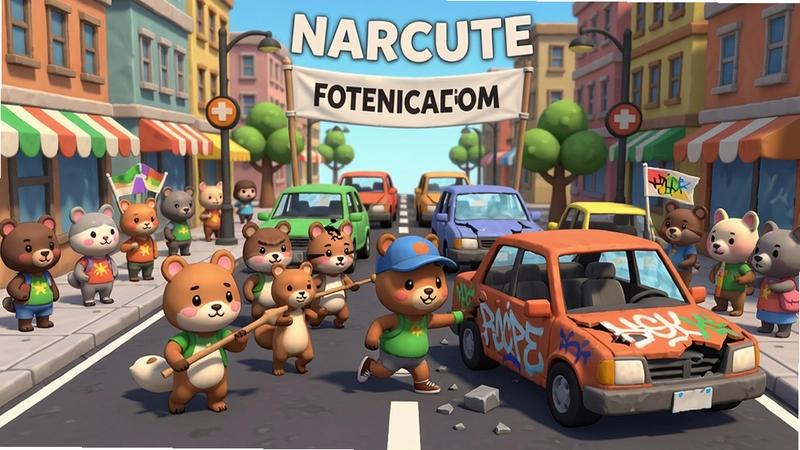 Anarcute游行模拟器游戏场景,一群可爱小动物在繁华街道游行破坏砸车涂鸦动画风格高清截图
