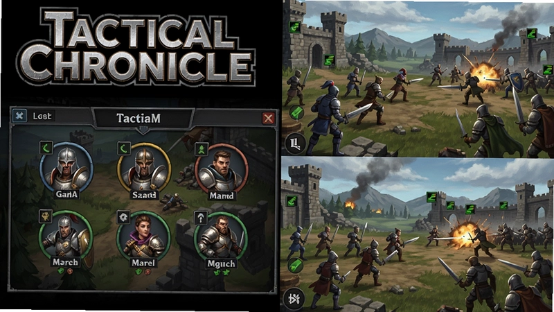 包含“Tactical Chronicle”游戏Logo、组队界面与战场全景的合成图,突出策略角色扮演核心玩法