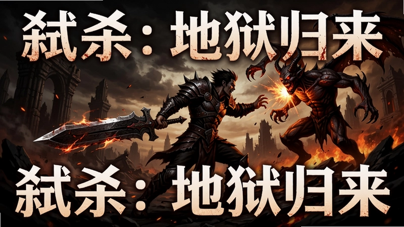 “弑杀:地狱归来”主视觉海报,暗黑地狱场景,主角手持大剑与恶魔激战,光影压迫感强烈,涵盖动作、剧情、探索元素