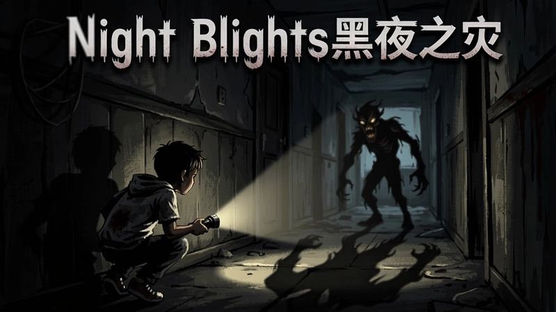Night Blights黑夜之灾恐怖游戏场景,一个孩子蹲在黑暗走廊角落用手电筒照明,前方隐约有扭曲的怪物影子,上方标注“Night Blights黑夜之灾”