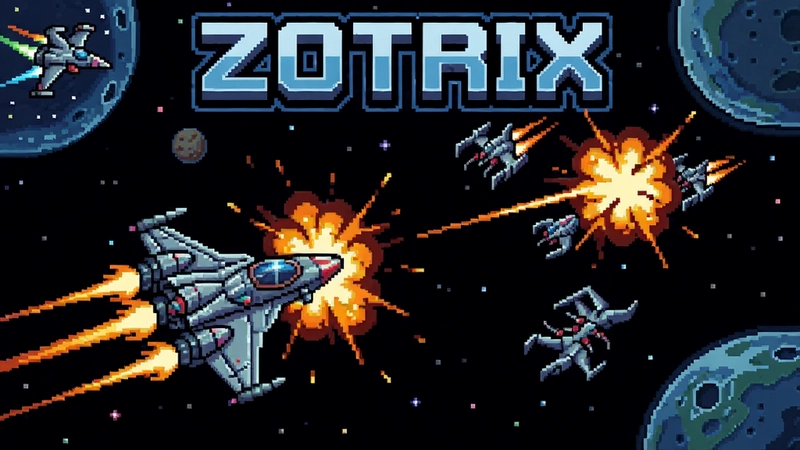 像素风格太空射击游戏Zotrix的主界面,星际战机迎战敌机,画面展示\”Zotrix\”标题和爆炸特效