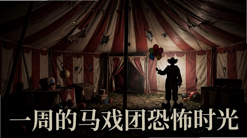 一周的马戏团恐怖时光阴暗马戏团帐篷内部场景,破旧的红白条纹帆布,散落的道具,手持气球的小丑剪影在昏暗灯光下,气氛阴森,文字“一周的马戏团恐怖时光”