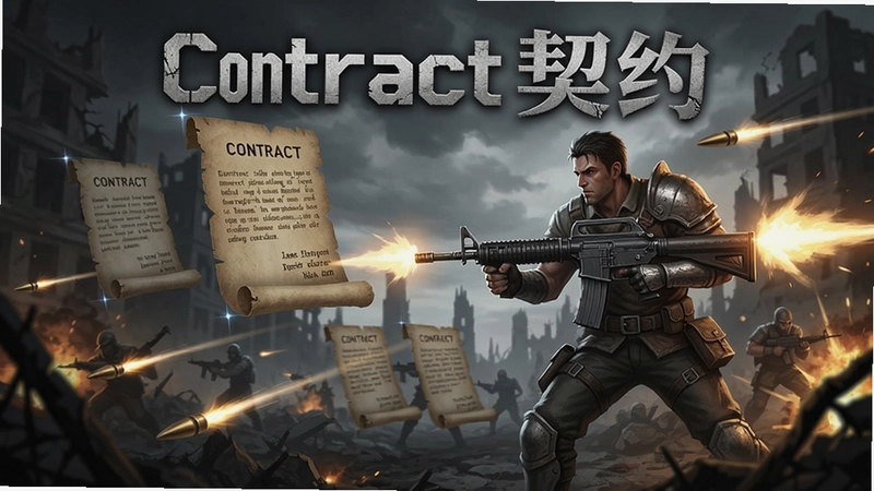 Contract契约电脑版游戏宣传图,描绘战士在战火废墟中持枪突击的瞬间,画面中漂浮契约文本与弹道轨迹,须包含“Contract契约”标题字