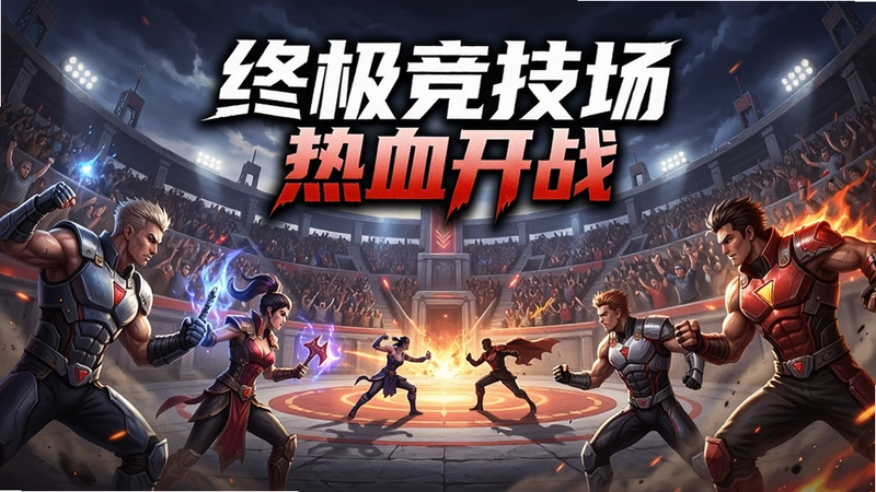 Ultimate Arena终极竞技场全景海报,包含多名角色和竞技场场景,文字“终极竞技场 热血开战”