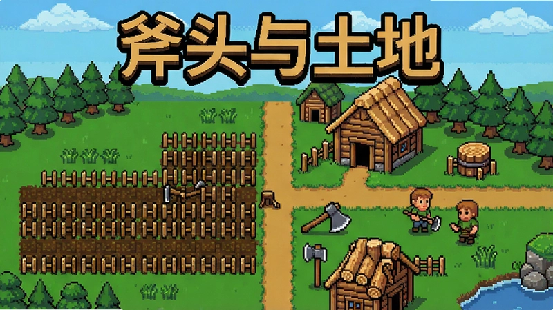 斧头与土地游戏主界面,包含农田、伐木小屋和村民的村庄全景,风格为复古像素风,“斧头与土地”标题字