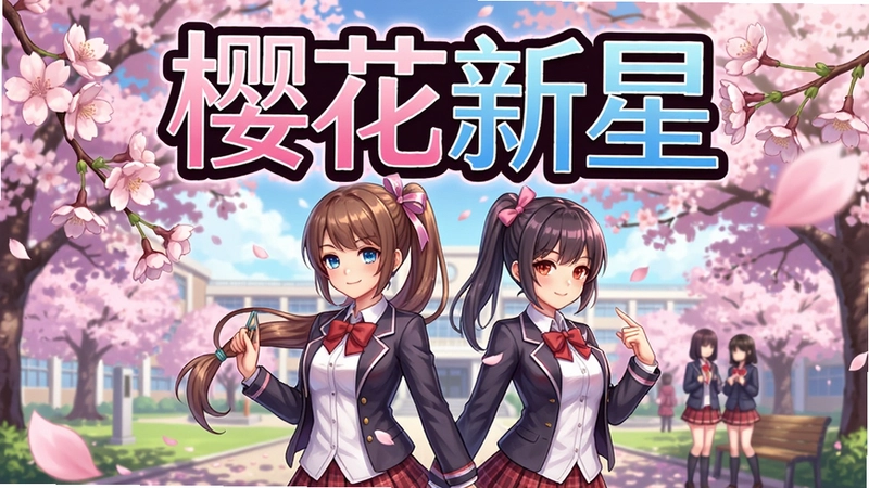 一张充满樱花飘落校园美景的游戏封面图,画面中央有两位美少女角色,上方醒目展示“樱花新星”游戏标题