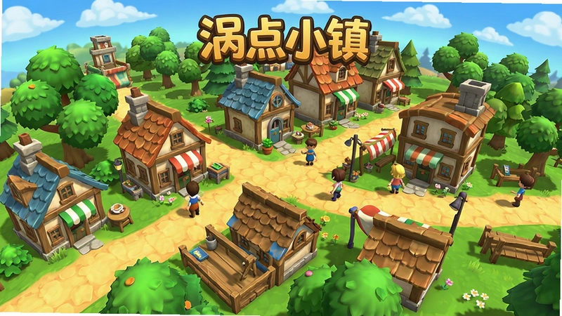 涡点小镇游戏全景画面,包含“涡点小镇”标题,展示小镇建筑、树木、居民,色彩明亮