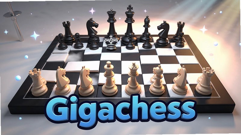 生成一幅Gigachess国际象棋高清宣传图,包含3D棋盘、精美棋子以及“Gigachess”艺术字标志,背景有光影效果