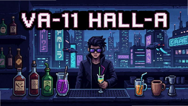 VA-11 HALL-A:赛博朋克酒保行动游戏主视觉画面,像素风调酒台与赛博朋克城市景色,标题“VA-11 HALL-A”